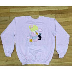 Vintage Hanes Sweatshirt XL Pink Girl Mouse Applique Embroidered USA Made 80s